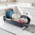 SUNLY Dish Drying Rack, Expandable Dish Racks for Kitchen Counter, Space Saving Kitchen Drying Rack with Sleek & Modern Design, Rust Proof Stainless Steel Dish Drainers with Utensil Holder, Deep Gray