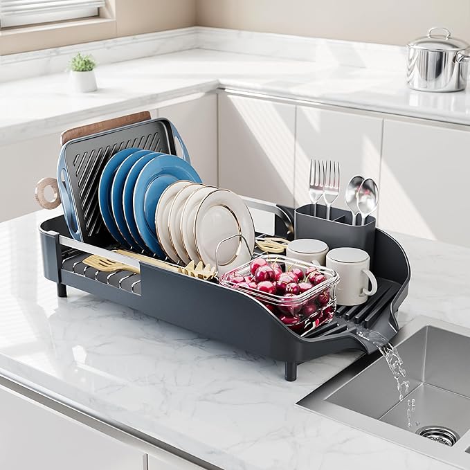 SUNLY Dish Drying Rack, Expandable Dish Racks for Kitchen Counter, Space Saving Kitchen Drying Rack with Sleek & Modern Design, Rust Proof Stainless Steel Dish Drainers with Utensil Holder, Deep Gray