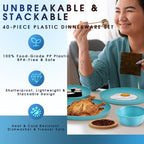 Plastic Dinnerware Sets – 40-Piece Blue Plates and Bowls Sets, Unbreakable, Reusable Dishes Set for 8 with Cups, Knives, Forks and Spoons, for Camping and Outdoor Use
