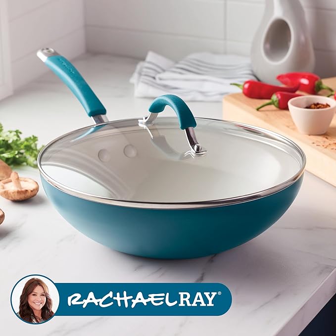 Rachael Ray Cucina Ceramic Nonstick Stir Fry Pan and Lid, 11 Inch Non Stick Wok Pan, Dishwasher Safe - Marine Blue