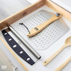 Perforated Pizza Peel 12 x 14 Inch. Paddle Spatula with Foldable Handle - Pizza Cutter Rocker 14'' Blade. Pizza Stone Oven Accessories and Chopper Knife Tools