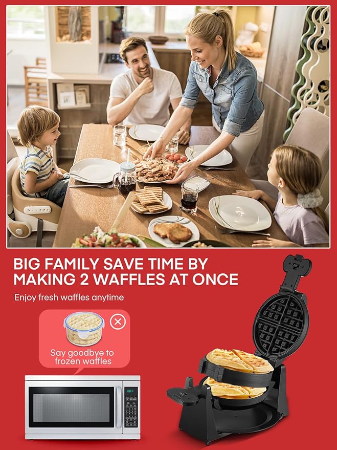 Waffle Maker, 1400W Double Belgian Waffle Iron 180° Flip, 8 Slices in 3 Mins, Rotating & Nonstick Plates, Anti-Scald, Removable Drip Tray Easy to Clean, Cool Touch Handle, Space-Saving Storage(Black)