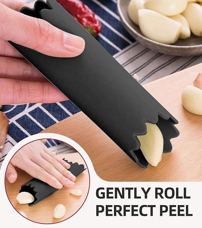 Stainless Steel Garlic Press Set w/Silicone Peeler & Brush, Heavy Duty Metal Garlic Mincer, Dishwasher Safe, Easy Clean (Regular Handle)