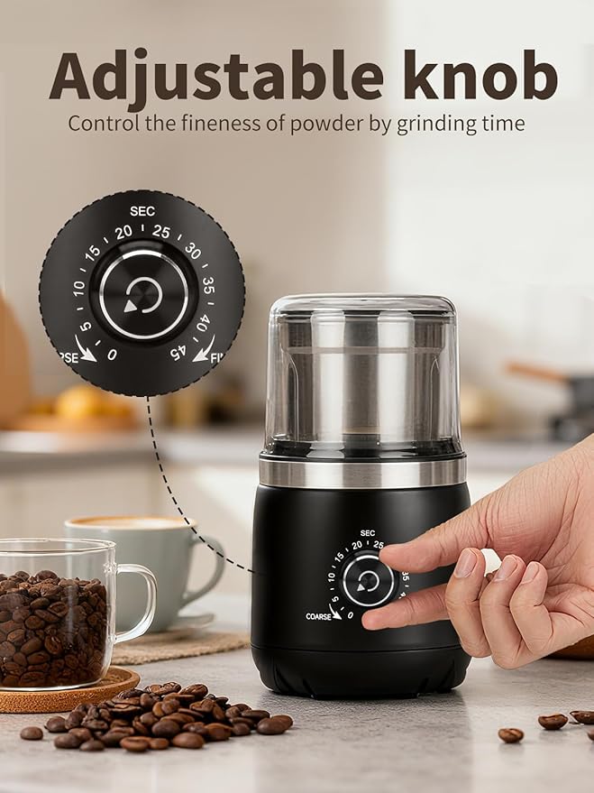Electric Coffee Grinder with Silent Grinding Blades & Timer Knob to Adjustable Coarse to Fine, Espresso Grinder with Removable Stainless Steel Bowl for Coffee Bean, Herb, Spices, Seeds (Black)