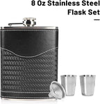 Hip Flasks for Men Leather Hip Flask Gift Set,Hip Flask 304 Stainless Steel Flask Set w/Funnel Shot Glasses Gift for Whiskey Rum Groomsman Best Man Usher Wedding-Leather Stripe Black-8oz