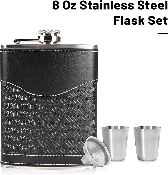 Hip Flasks for Men Leather Hip Flask Gift Set,Hip Flask 304 Stainless Steel Flask Set w/Funnel Shot Glasses Gift for Whiskey Rum Groomsman Best Man Usher Wedding-Leather Stripe Black-8oz