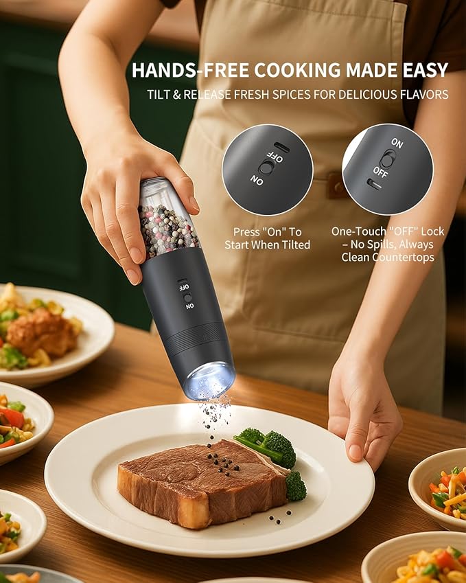 CIRCLE JOY Gravity Electric Salt and Pepper Grinder Set Rechargeable Automatic Pepper and Salt Shakers with LED Light, External Adjustable Coarseness, One-Hand Operation for Salt & Spices