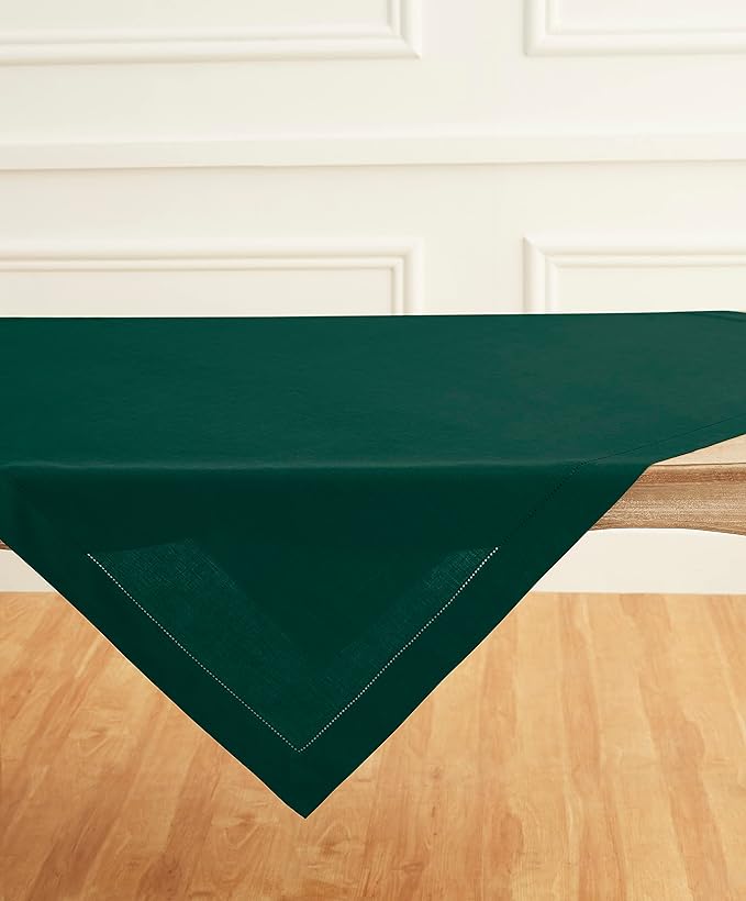 Solino Home Rainforest Green Linen Tablecloth 52 x 52 Inch - 100% Pure Linen Square Table Throw - Classic Hemstitch, Machine Washable Table Cloth for Fall, Autumn
