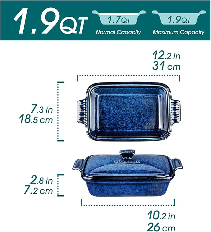 vancasso Starry Casserole Dish With Lid, 1.9 Quart Deep Lasagna Pan Ceramic Bakeware Covered Casserole Dish Blue