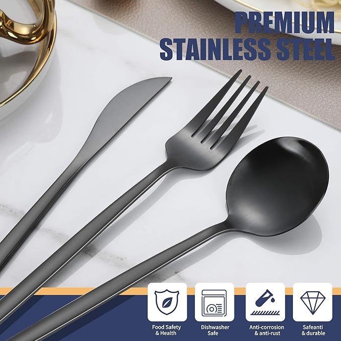 Matte Black Silverware Set,30 Piece Stainless Steel Modern Flatware Set,Brushed Cutlery Set Service for 6,Satin Finish Utensils Set,Home Kitchen and Restaurant,Dishwasher Safe