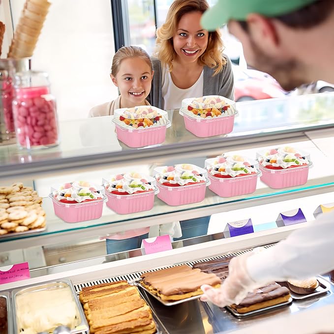 60 Pack Mini Cake Pans with Lids and Spoons, 5oz Square Aluminum Foil Loaf Pans Pink Small Cake Tins Disposable Baking Pans Dessert Cupcake Cups with Ribbon Decals for Wedding Birthday Party Picnics