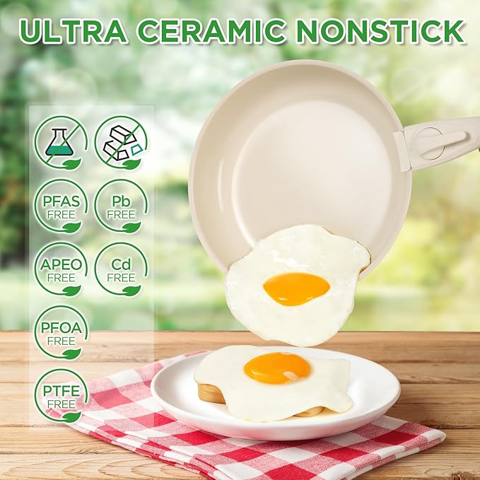 20pcs Ceramic Cookware Set Nonstick, Detachable Handle Pots and Pans Set, RV Kitchen Set Removable Handle for Cooking, Non Toxic, No PFAS & PTFE & PFOA, Dishwasher/Oven Safe, Cream White