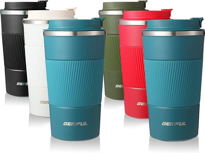 GEMFUL Travel Coffee Mug To Go Insulated Tumbler with Lid Portable Stainless Steel Reusable Leak proof Cups for Women Hot Cold Drinks 17oz (6 Pack)