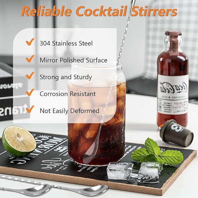 3 PCS Bar Spoon, 12 Inches Cocktail Mixing Spoons, Spiral Pattern Stainless Steel Cocktail Stirrers for Home or Bar Cocktail, Drinks, Coffee, Ice Cream, Sundae (Silver)