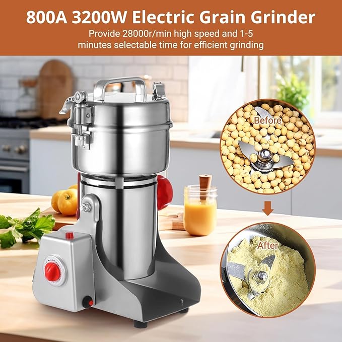 Grain Mill Grinder 800g, Electric Stainless Steel High-Speed Spice Herb Grinder, 3200W Swing Type Cereals Corn Flour Pulverizer Powder Machine for Dry Spice Herbs Grains Coffee Rice Pepper