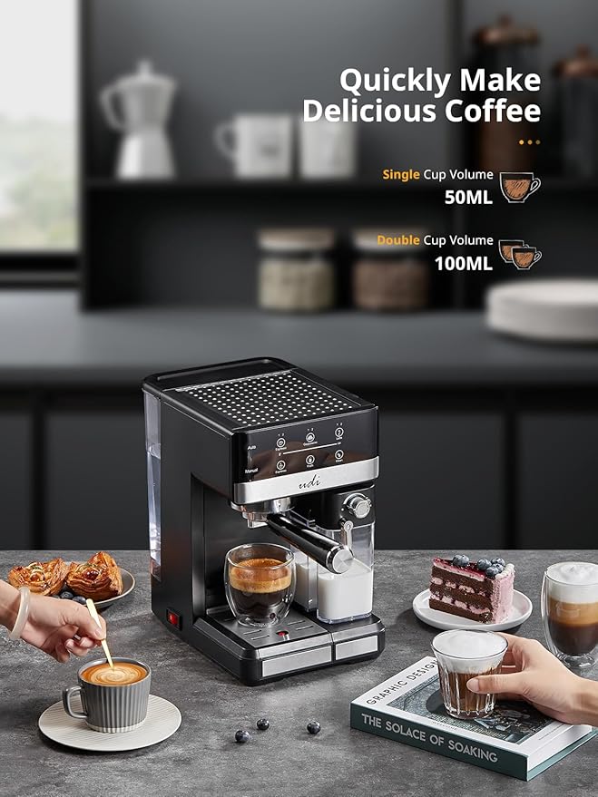 UDI Espresso Machine, 20 Bar Cappuccino & Latte Coffee Maker with Automatic Milk Frother, Auto or Manual Quick Brew Dual Boiler, Touchscreen Espresso Maker, Black