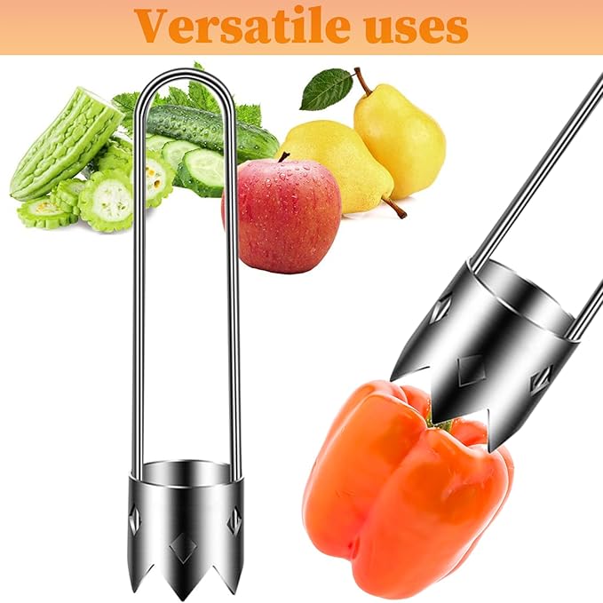 2pcs Pepper Seed Corer & 2pcs Cleaning Brush, Stainless Steel Fruit and Vegetable Corer Tool Fruit Core Remover Core Pit Remover for Pepper Tomato Apple (With Hole)