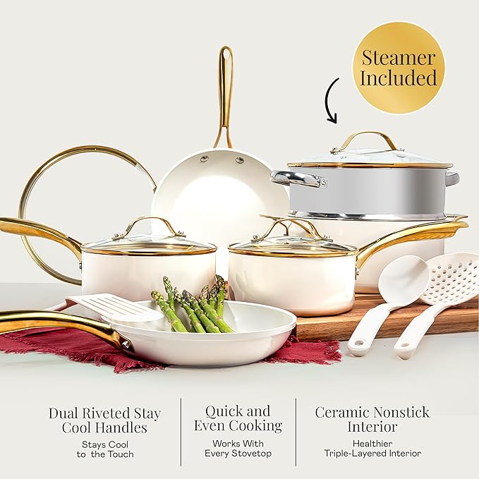 Gotham Steel 15 Pc Ceramic Cookware Set, Ceramic Pots and Pans Set Non Stick with Cooking Utensils and Steamer, Non Toxic PFOA PFOS Free, Premium Gold Stay Cool Handles, Oven & Dishwasher Safe