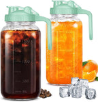Mason Jar Pitcher, 64 OZ Breast Milk Pitcher Double Leak Proof with Pour Spout Handle, Wide Mouth Iced Tea Pitcher for Fridge, Creamer Container for Coffee, Sun Tea juice (Green,2 Pack)