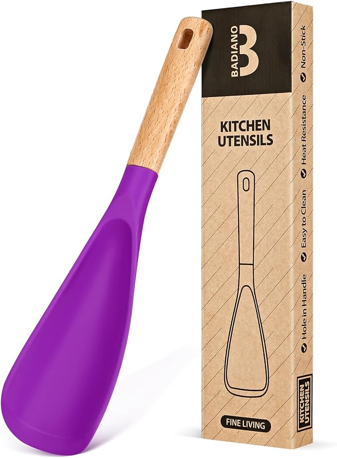 Cooking Spoon for Nonstick Cookwares, Great for Cooking and Serving Sturdy BPA-Free Matte Silicone, Wood Handle Spoon for Mixing, Scoop, and Scrape (BERRY)