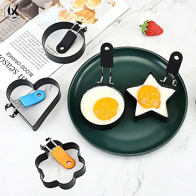 4 Pack Egg Poachers Rings, Stainless Steel Egg Cooking Rings, Round Pancake Mold for Frying Eggs, Omelet and Muffins, Non-stick Fried Egg Mold Ring, 4 Shapes
