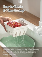 Gomakren Fruit Bowl with Holes, Ceramic Berry Basket Set of 2, 5.7 Inch Square Fruit Basket for Kitchen Counter, Rustic Berry Containers, Farmhouse Kitchen Decor - Cream White