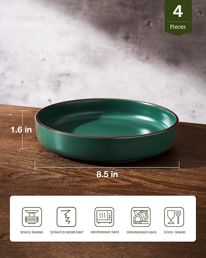 famiware Mercury Pasta Bowls Set of 4, 33 oz Large Salad Bowls, Stoneware Pasta Plates Bowls, Serving Bowls for Kitchen, Microwave & Dishwasher Safe, Dark Green