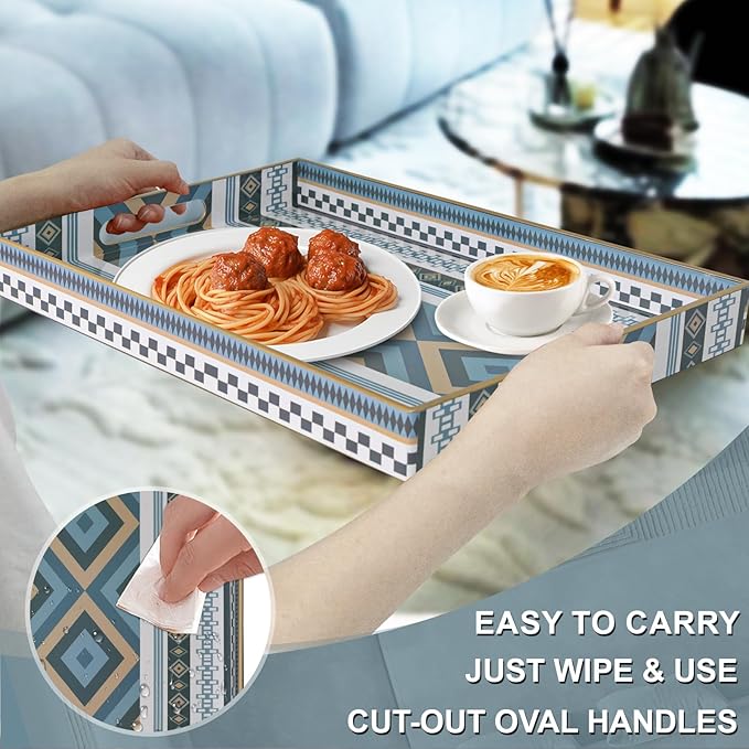 Rectangular Decorative Tray, Plastic Serving Tray with Handles, Bohemian Blue Tray for Ottoman, Coffee Table Tray for Living Room, Home Decor, 15.8" x 11.8" x 1.6"