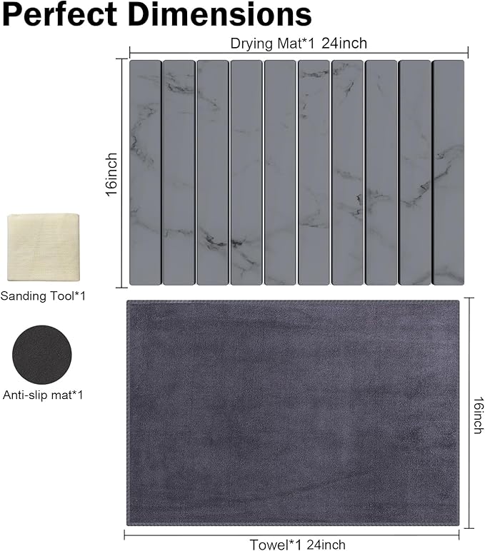 Stone Dish Drying Mat for Kitchen Counter,24"(L)×16"(W) Collapsible Fast-Drying Diatomaceous Earth Mats with Towel Sanding Tool,Versatile Stone Drying Mats for Cups Dishes Bottles