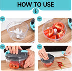 Manual Food Processor Vegetable Chopper, Portable Hand Pull String Garlic Mincer Onion Cutter for Veggies, Ginger, Fruits, Nuts, Herbs, etc., 500ml,（Gray-blue）