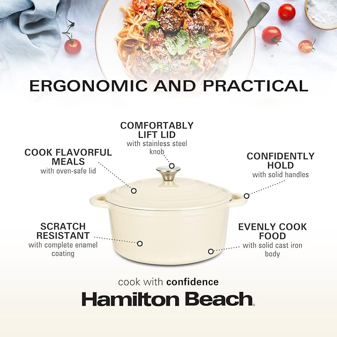 Hamilton Beach 5.5-Quart Enameled Cast Iron Dutch Oven Pot with Lid, Cream