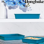 HONGBAKE Deep Baking Pans Set Nonstick, 3 Pack Large Rectangular Sheet Cake Pans,13/11/9Inch Oven Metal Baking Sheet Set, Stackable Non Toxic Bakeware for Baking Lasagana, Blue