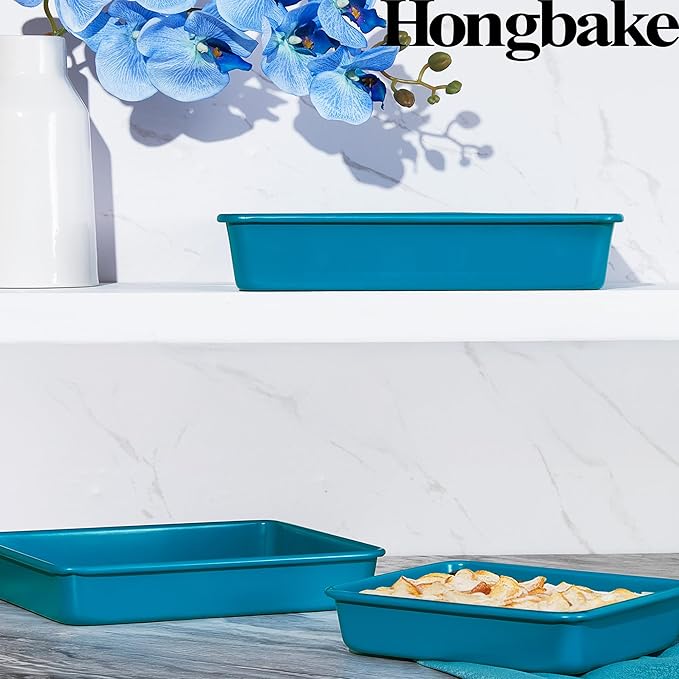 HONGBAKE Deep Baking Pans Set Nonstick, 3 Pack Large Rectangular Sheet Cake Pans,13/11/9Inch Oven Metal Baking Sheet Set, Stackable Non Toxic Bakeware for Baking Lasagana, Blue