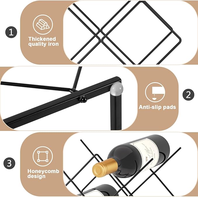 Urban Deco Small Wine Rack 5 Bottle Holder - Modern Metal Wire Wine Storage for Countertop Table Top Coffee Bar Kitchen, Black