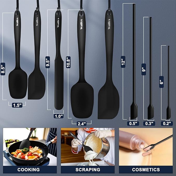 Walfos Silicone Spatula Set of 8(600°F）- Heat Resistant Kitchen Silicone Scraper Spatulas & Mini Spatulas, One-Piece Seamless Design, Perfect for Cooking Mixing & for Non-stick Cookware,black