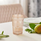 Vintage Textured Amber Striped Drinking Glasses Set of 6, 13 oz Ribbed Glassware with Flower Embossed Design, Romantic Cocktail Set, Juice Glass, Iced Coffee Cup, Colored Water Glasses Tumblers