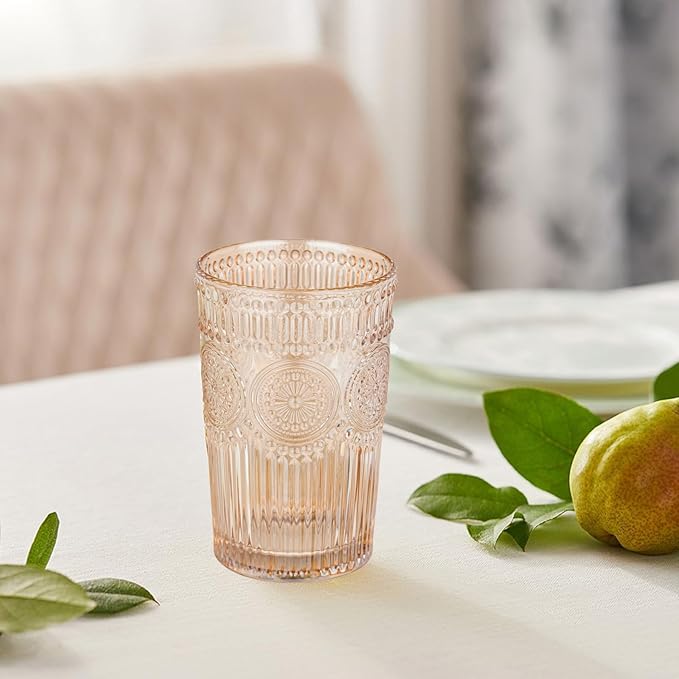 Vintage Textured Amber Striped Drinking Glasses Set of 6, 13 oz Ribbed Glassware with Flower Embossed Design, Romantic Cocktail Set, Juice Glass, Iced Coffee Cup, Colored Water Glasses Tumblers