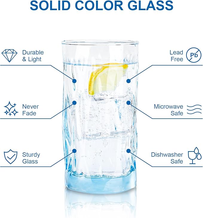 REATIVELAND Solid Color Drinking Glasses Set of 6, 13.5 OZ Wind-blown Ripples Glass Tumbler Glassware for Water, Juice, Different Options for Home, Restaurant, Hotel, Bar, Blue