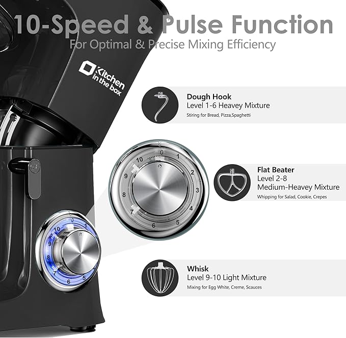 Kitchen in the Box Stand Mixer, 900W 8.5 QT Kitchen Electric Mixer, 10-Speed Large Capacity Tilt-head Food Mixer with Dough Hook, Wire Whip, Flat Beater & Splash Guard (Black)
