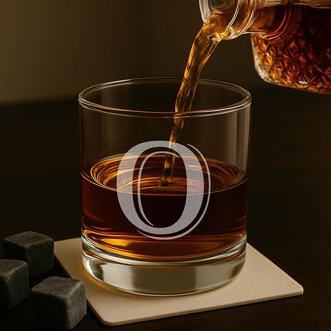 On The Rox Drinks (O-Monogram)- 4 Piece Set of 11 Ounce Engraved Heavy Base Rocks Glasses- Quality Elegant Glass-Multi-Purpose Beverage-Rocks Glass- For any Occasion