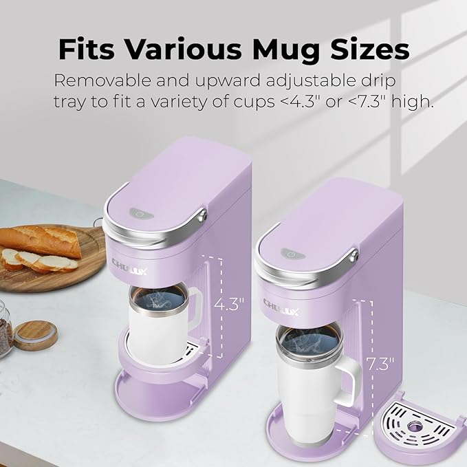 CHULUX Slim Single Serve Coffee Maker for K Pods, One Cup Coffee Maker Fits 7.3" Travel Mugs, Coffee Machine with 6 to 12oz Brew Sizes, Lavender