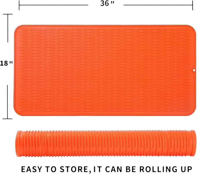 Silicone Dish Drying Mat for Multiple Usage,Easy clean,Eco-friendly,Heat-resistant Silicone Mat for Kitchen Counter or Sink,Refrigerator or Drawer Liner Orange 5XL 36inches x 18inches