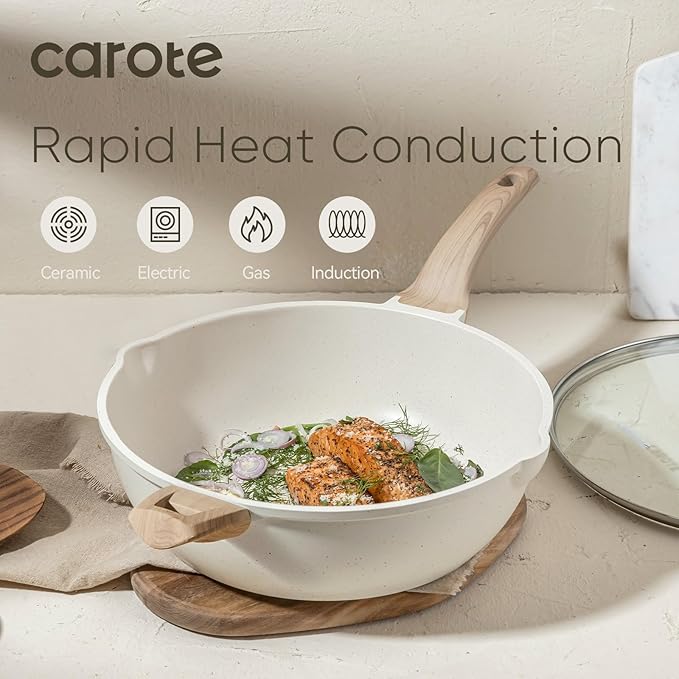 CAROTE 12.5Inch Nonstick Deep Frying Pan with Lid, 6.5 Qt Jumbo Cooker Saute Pan with Pour Spout, Skillet Induction Cookware, Non Stick Cooking Pan Kitchen Pan PFOA Free, White Granite