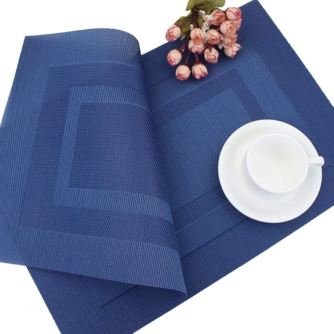 PIGCHCY Placemats,Washable Vinyl Woven Table Mats,Elegant Durable Placemats for Dining Table Set of 4 (18 x 12 inches, Navy Blue)