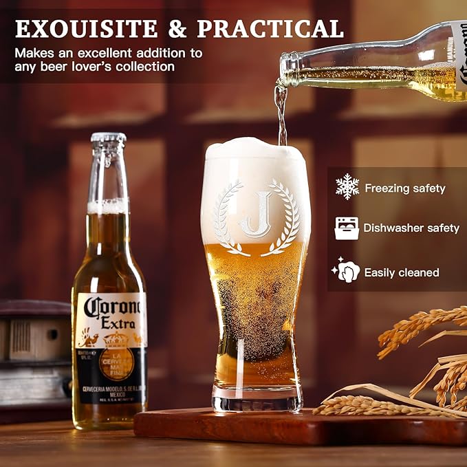 Personalized Etched 21oz Pint Beer Glass, (Letter J) A-Z Personalized Gifts for Him, Customized Pint Glasses, Custom Initial, Birthday Gift for Men Brother Husband