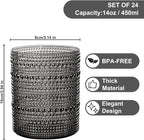 YOUBET 24PCS Plastic Drinking Glasses - 14OZ Black Hobnail Drinkware Glasses - Vintage Glassware Textured Beaded Cups for Water, Beer, Whiskey, Juice and Various Mixed Drinks, halloween