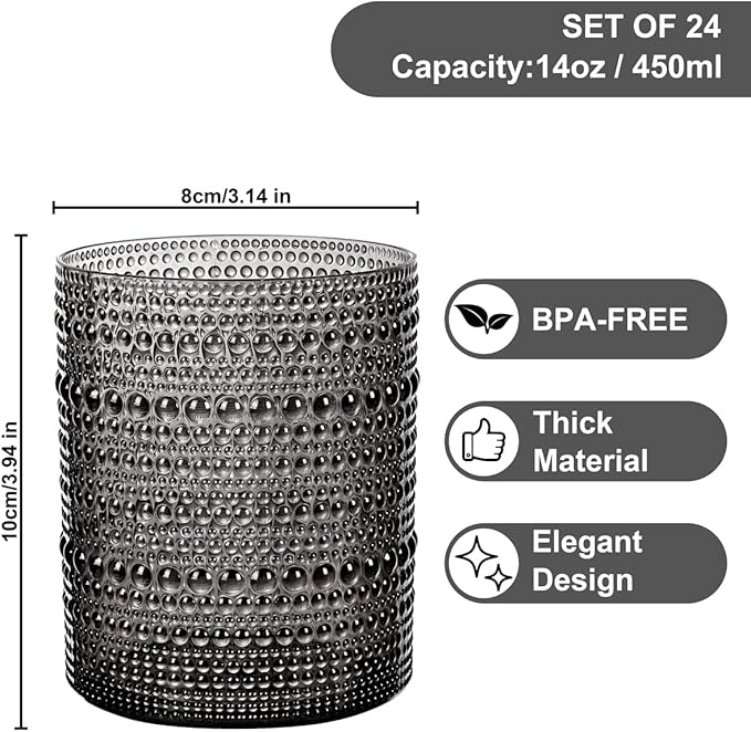 YOUBET 24PCS Plastic Drinking Glasses - 14OZ Black Hobnail Drinkware Glasses - Vintage Glassware Textured Beaded Cups for Water, Beer, Whiskey, Juice and Various Mixed Drinks, halloween