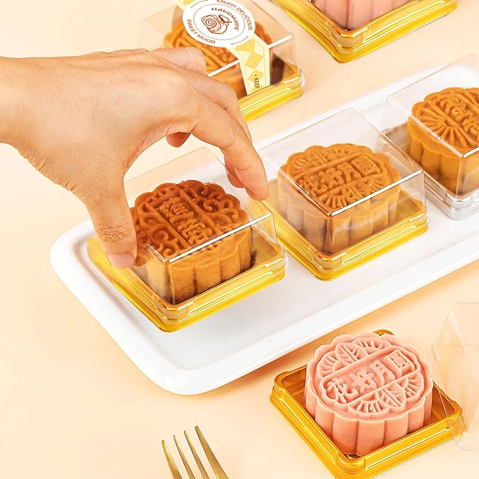 BenRan 100 Set 3.5 Inch Moon Cake Box Clear Plastic Mini Cake Cupcake Small Muffins Boxes Cake Pans with Lids Gift Dessert Containers Bonus 100 Pcs Cakes Stickers