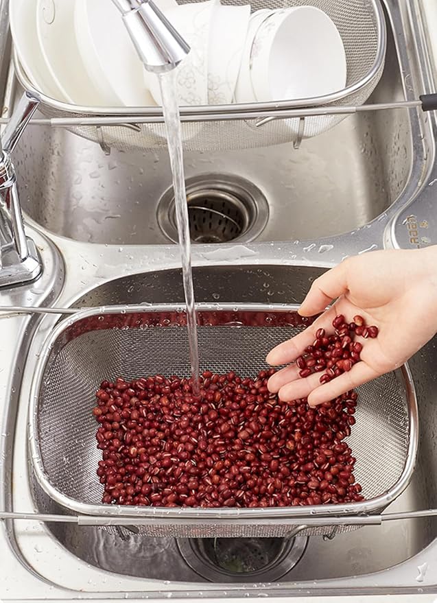 Fine Mesh Colander Over The Sink 6 Quart Stainless Steel Strainer Basket & Expandable Rubber Grip Handles - Strain, Drain, Rinse Fruits, Vegetables