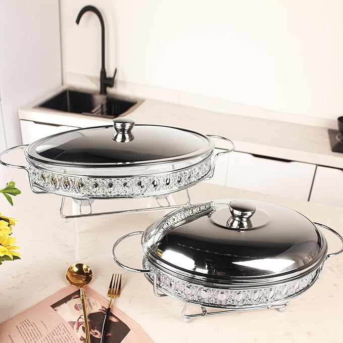 Casserole Dish 11.5" x 8" Glass Baking Dish with Stainless steel Lid and rack, Silver oval 2 Qt Baking Pan For Casserole & Lasagna, Microwave Dishwasher Freezer Oven Safe